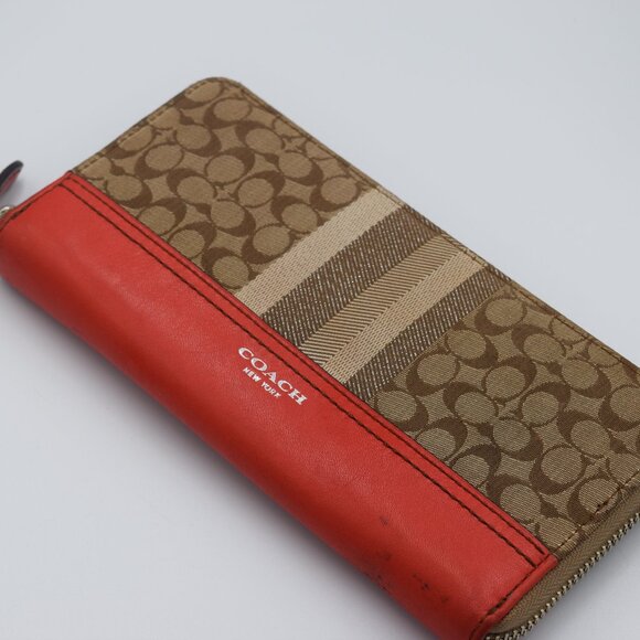 Coach Red Leather and Signature Brown Canvas Long Zip Around Wallet - Picture 1 of 7